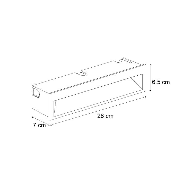Technische Zeichnung einer rechteckigen Einbauleuchte mit den Maßen 28 Zentimeter Breite, 6,5 Zentimeter Höhe und 7 Zentimeter Tiefe.