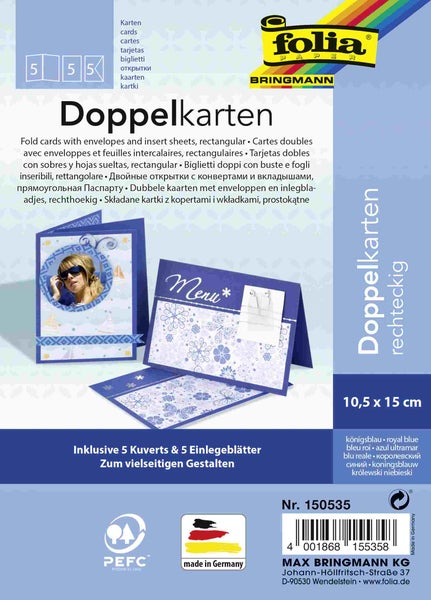 Folia Klappkarten/Doppelkarten für Einladungen, Glückwunsch- oder Grußkarten, 10,5x15cm, königsblau, 5 Karten + Kuverts + Einlagen
