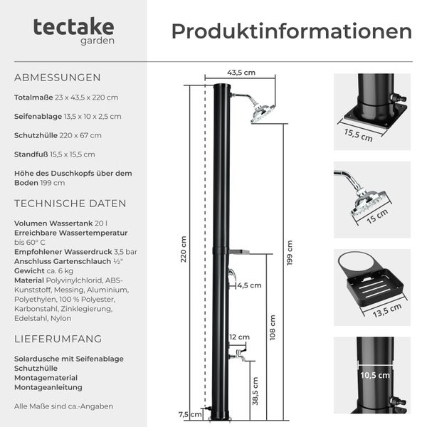 Produktdatenblatt einer schwarzen Solardusche mit Abmessungen wie 220 cm Höhe, technischen Daten wie 20 Liter Tankvolumen und Lieferumfang.