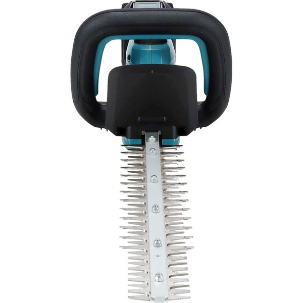 Vorderansicht einer Heckenschere mit schwarzem Handgriff und einem langen, silbernen gezackten Messer.