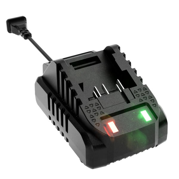 Schwarzes Akku-Ladegerät aus Kunststoff mit Netzkabel und LED-Statusanzeige.