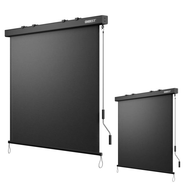 Schwarze Senkrechtmarkise mit ONBEST Logo und Handkurbel in zwei verschiedenen Größen.