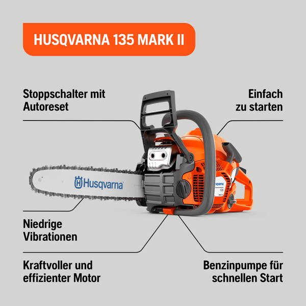 Husqvarna 135 Mark II Kettensäge mit Stoppschalter, Autoreset, geringen Vibrationen, einem kraftvollen, effizienten Motor und einer Benzinpumpe für schnellen Start