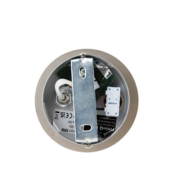 Montageplatte einer Leuchte mit Metallhalterung, elektrischem Anschluss und Kabeln.