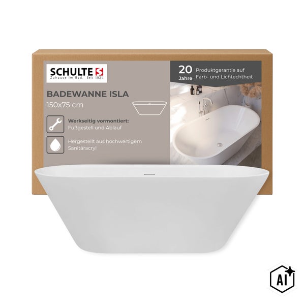 Freistehende Badewanne Schulte Isla aus Sanitäracryl, 150 mal 75 Zentimeter, werkseitig vormontiert mit Fußgestell und Ablauf.