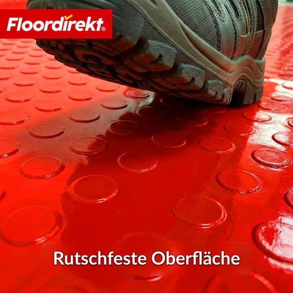 Detailaufnahme einer rutschfesten Bodenmatte mit Schuh