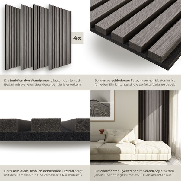 Vier Holzpaneele zur Wandgestaltung mit Filz zur Schallabsorption