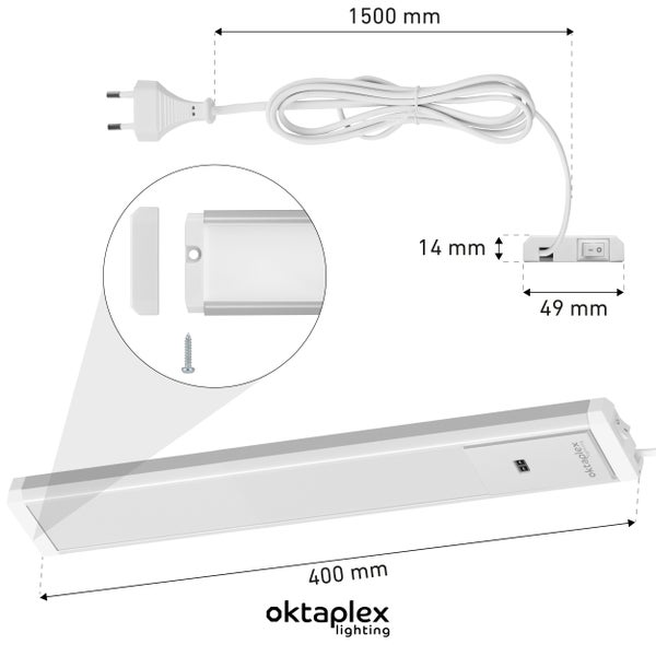 Oktaplex Lichtleiste mit den Maßen 400 x 14 Millimeter und 1500 Millimeter Zuleitung