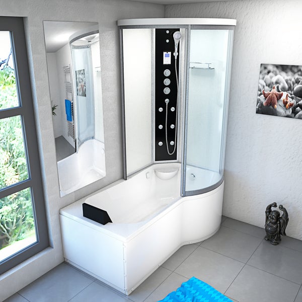 Moderne Dampfduschkabine mit weißer Badewanne in hellem Bad. Mit gebogenen Glastüren, Duschpaneel mit Düsen, Handbrause und Kopfstütze.