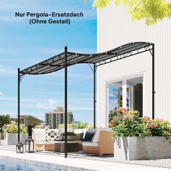 Graues gewölbtes Ersatzdach für eine Pergola auf einer Terrasse mit Gartenmöbeln und Blumenkästen neben einem Pool.