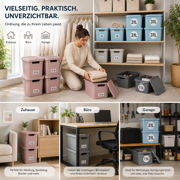 Vielseitige Aufbewahrungsboxen in verschiedenen Größen für Zuhause, Büro und Garage zur organisierten Aufbewahrung von Gegenständen.