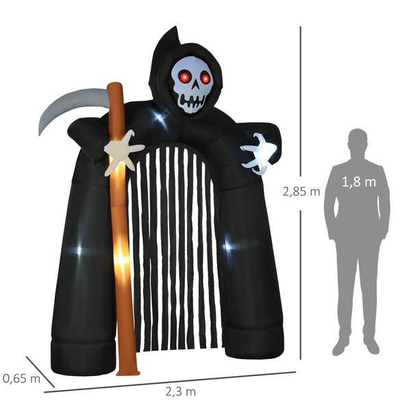 HOMCOM Halloween aufblasbarer Sensenmann-Torbogen, 2,85 m Große, mit LED-Beleuchtung, Partydekoration für Innen- & Außenbereiche, 230L x 65B x 285H cm, Polyester, Schwarz