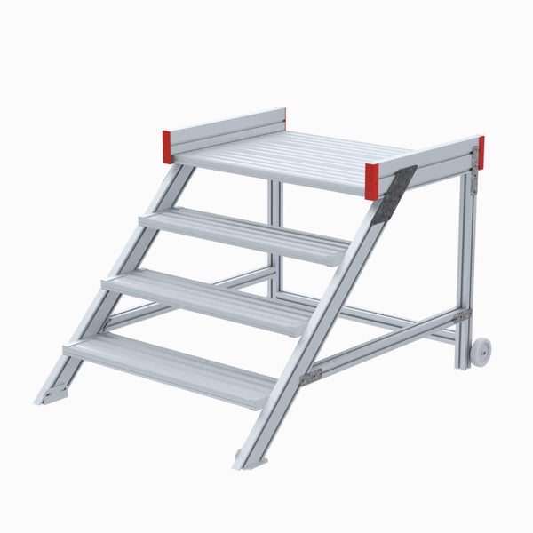 Podesttreppe aus Aluminium mit vier Stufen und Transportrollen.
