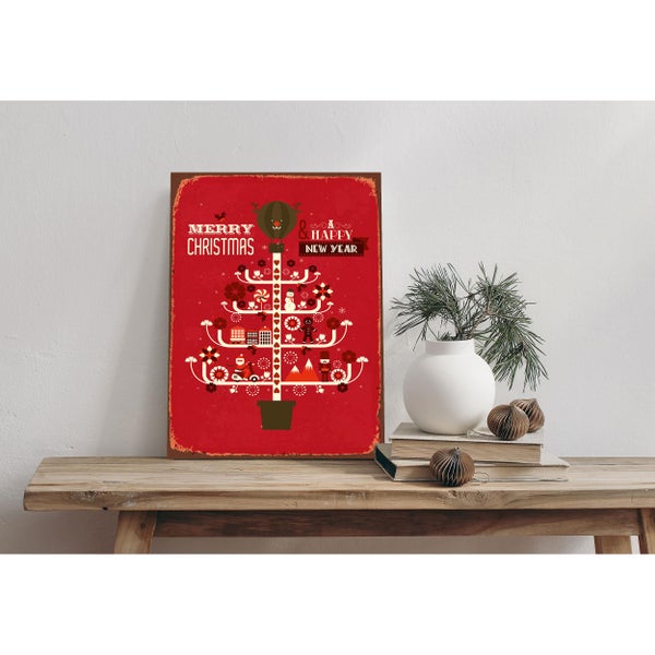 Blechschild, Alu-Dibond, Retro Wandbild Weihnachten Roter Weihnachtsbaum mit Spruch STA2489 in 20x30cm inkl. Lochbohrung