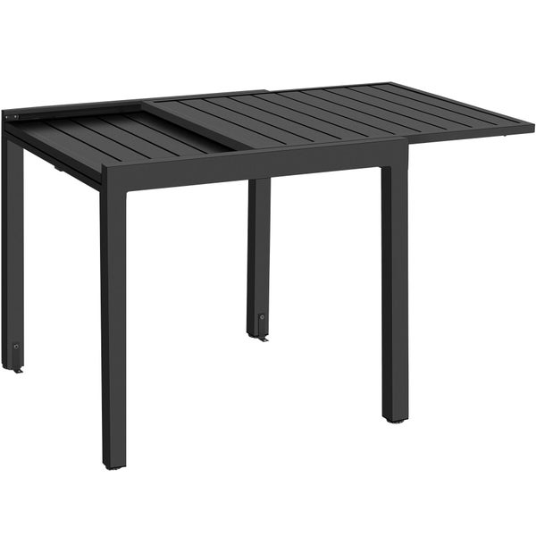 Ausziehbarer, dunkelgrauer Gartentisch aus Aluminium mit Lamellenoberfläche.