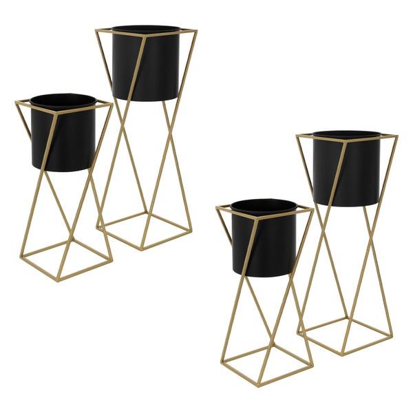 ML-Design Blumenständer 4er Set, Schwarz-Gold, 21x21x51/24x24x70,5 cm, Stahl, Blumentopfständer mit Übertopf, Metall Pflanzenständer, Blumentopfhalter 4-tlg, Pflanztopf Deko Blumensäule Blumenhocker