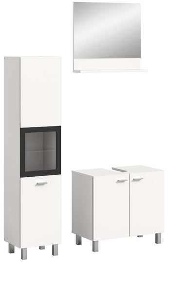 Badezimmermöbel-Set in Weiß bestehend aus Hochschrank mit Glaseinsatz, Waschbeckenunterschrank und Spiegel mit Ablage.
