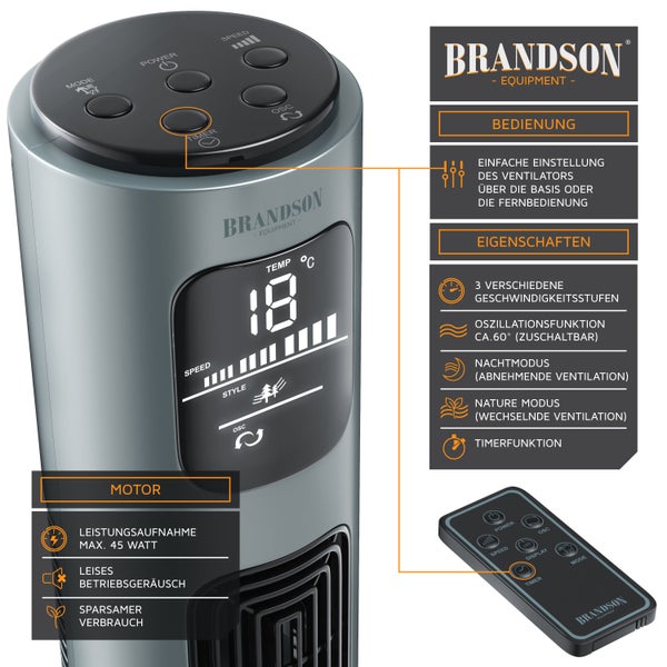 Brandson Turmventilator mit Oszilation 60°, Standventilator 96 cm, GS, Säulenventilator mit Fernbedienung, Ventilator mit 3 Geschwindigkeitsstufen