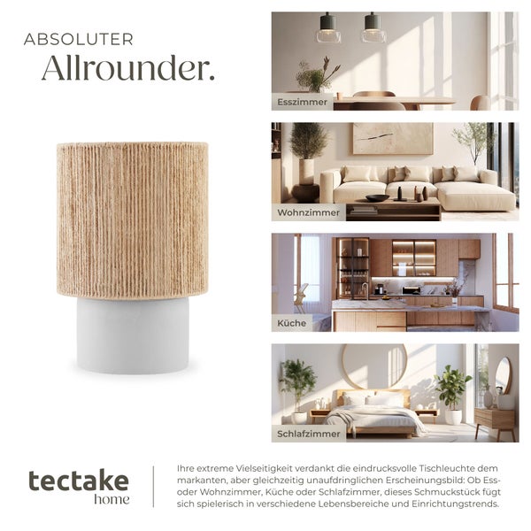Tectake Home Tischleuchte mit zylindrischem Lampenschirm aus Sisalschnur und rundem Standfuß für Wohnzimmer, Esszimmer, Küche und Schlafzimmer.