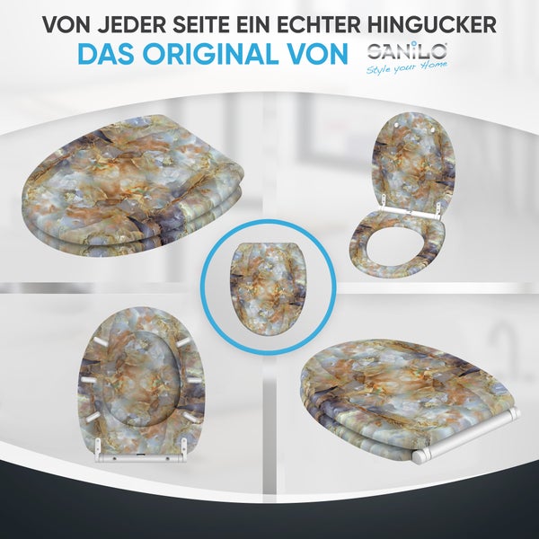 Sanilo Logo. Sanilo Toilettensitz mit Steinmuster in verschiedenen Ansichten: geschlossen, geöffnet, Draufsicht und Unterseite.