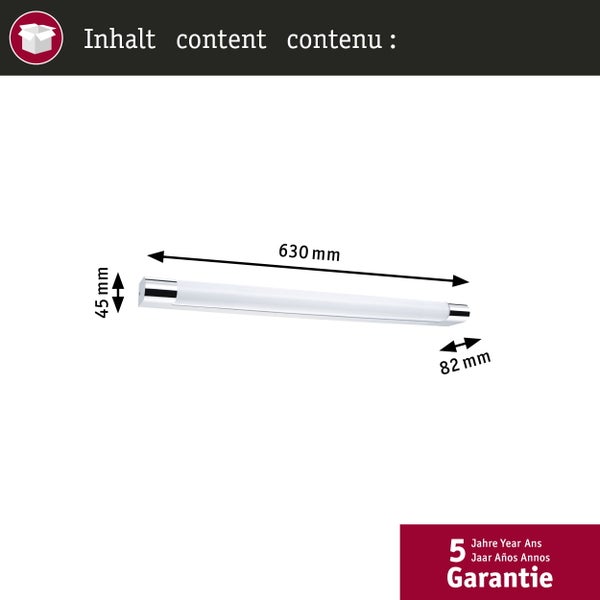 LED-Wandleuchte mit Maßen: Länge 630 Millimeter, Höhe 45 Millimeter und Tiefe 82 Millimeter. Mit 5 Jahren Garantie.