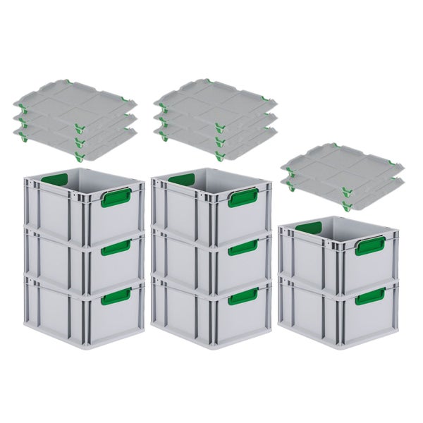 PROREGAL Spar Set 8x Eurobox Nextgen Color Mit Auflagedeckel & Schiebeschnappverschlüsse HxBxT 22 x 30 x 40 cm Griffe Grün Geschlossen Glatter Boden