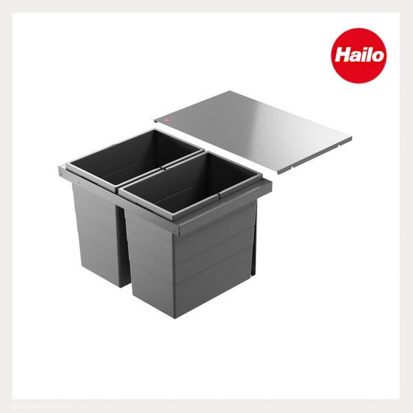 Hailo Abfalltrennsystem mit zwei grauen Eimern und einem Metalldeckel. Hailo Logo.