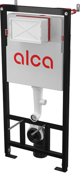 Alca Vorwandelement für die Toilette mit integriertem Spülkasten und schwarzem Metallrahmen für die Montage.