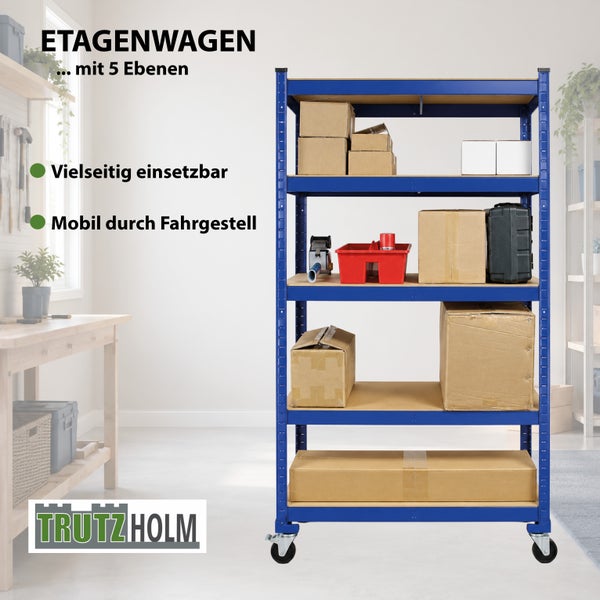 Trutzholm Etagenwagen mit 5 Regalböden, mobil auf Rollen, ideal für Werkstatt und Lager, Metallgestell mit Holzeinlegeböden.