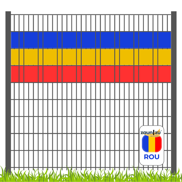 Zaun mit rumänischer Flagge und Zaunzu Logo