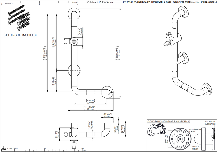 Technische Zeichnung eines L-förmigen Winkelgriffs aus Nylon mit Brausehalter inklusive Abmessungen und Befestigungsset.