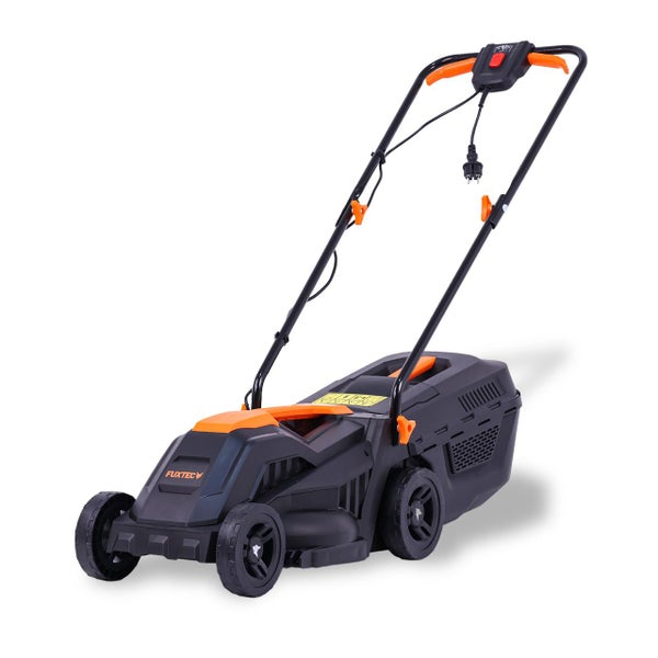 Fuxtec Elektro-Rasenmäher in Schwarz und Orange mit vier Rädern und klappbarem Holm.