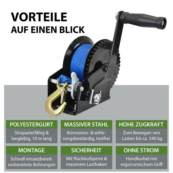Handseilwinde mit blauem Polyestergurt und Stahlkonstruktion
