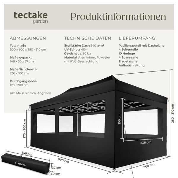 Pavillon tectake Viola inklusive Spannseile, Heringe und Tragetasche mit Aluminiumgestell schwarz