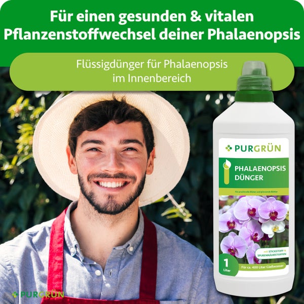 Purgrün Phalaenopsis-Dünger, 1 Liter Flasche Flüssigdünger für Zimmerorchideen, Purgrün Logo und ein Gärtner mit Strohhut.