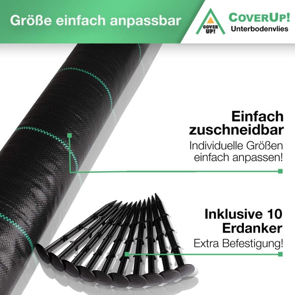 CoverUp! Unkrautgewebe 1m x 50m = 50m² – Gartenvlies Unkrautvlies wasserdurchlässig atmungsaktiv (100 g/m²) – inkl.10 Erdanker