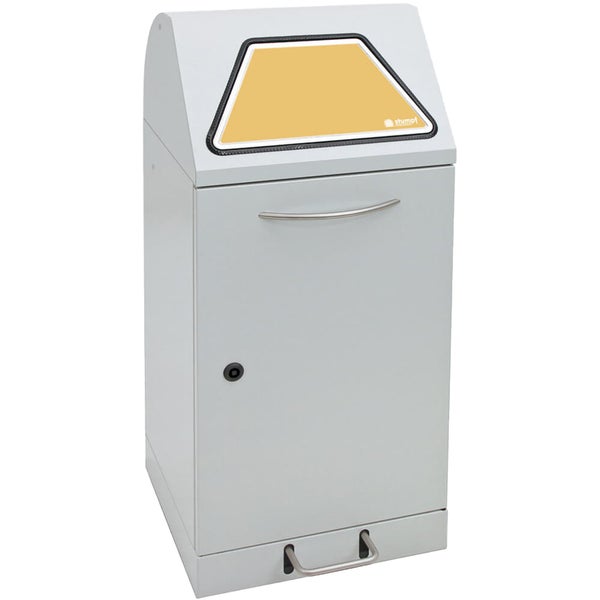 Stumpf Wertstoffsammler aus Metall mit gelber Einwurfklappe, Türgriff und Schloss.