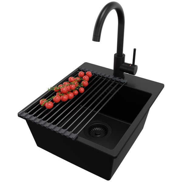 PRIMAGRAN Granitspüle Alles Schwarz 38x44cm, Spülbecken 1 Becken + Küchenarmatur 32x20cm + Ablauf-Set + Aufrollbare Abtropffläche, Küchenspüle ab 40er Unterschrank - Riga Easy