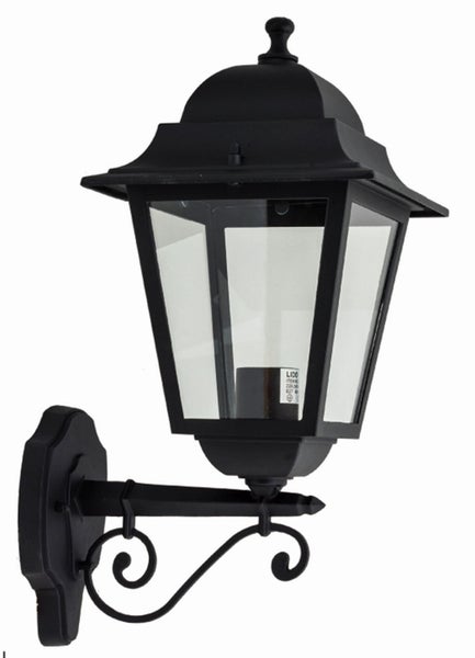 Schwarze Wandleuchte im Laternenstil mit klaren Glasscheiben