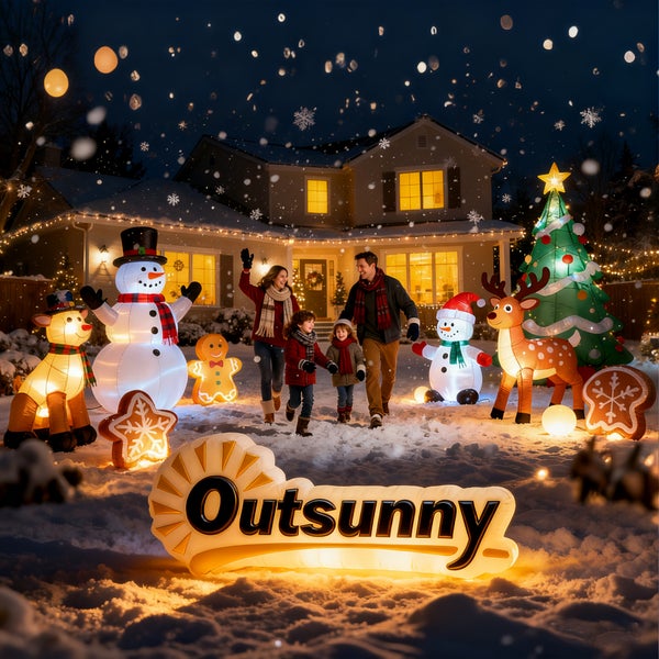 Beleuchteter Vorgarten mit Outsunny Logo, aufblasbarem Schneemann, Rentier, Weihnachtsbaum und einer vierköpfigen Familie im Schnee.