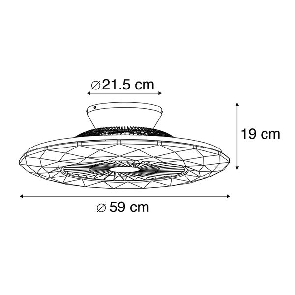 Maßskizze eines Deckenventilators mit Licht: Durchmesser 59 Zentimeter, Höhe 19 Zentimeter, Sockeldurchmesser 21,5 Zentimeter.