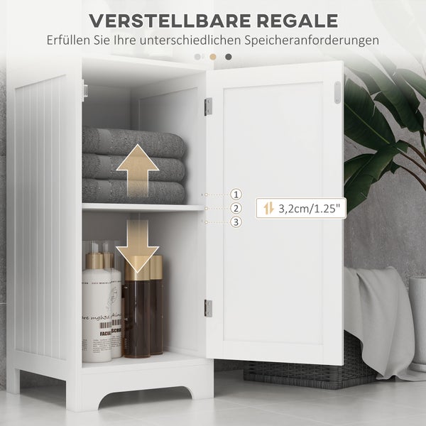 Weißer Badezimmerschrank mit einer offenen Tür und einem in drei Stufen verstellbaren Einlegeboden für Handtücher und Badutensilien.