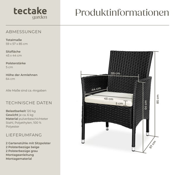 2er Set Rattanstuhl tectake Nantes 59 x 57 x 85 cm widerstandsfähig schwarz/beige
