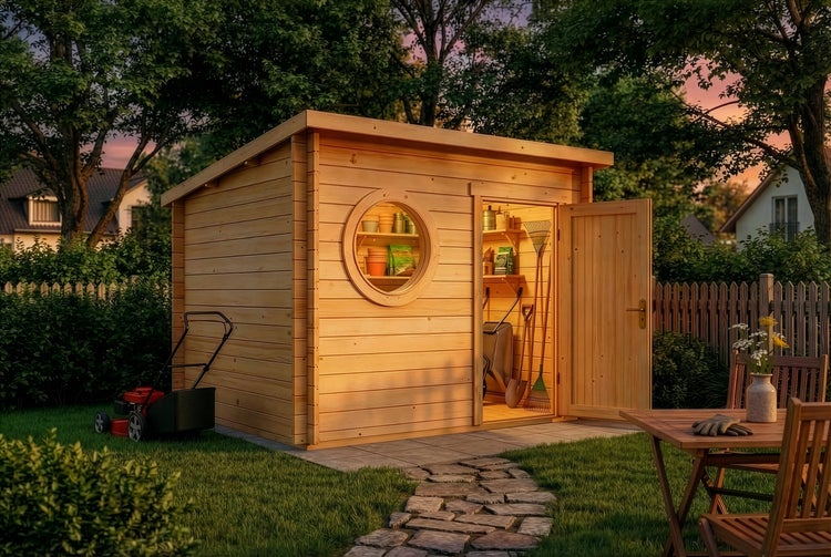 Gartenhaus aus Holz mit Bullaugenfenster und offener Tür, beleuchteter Innenraum mit Gartengeräten, Rasenmäher und Sitzgruppe im Garten.