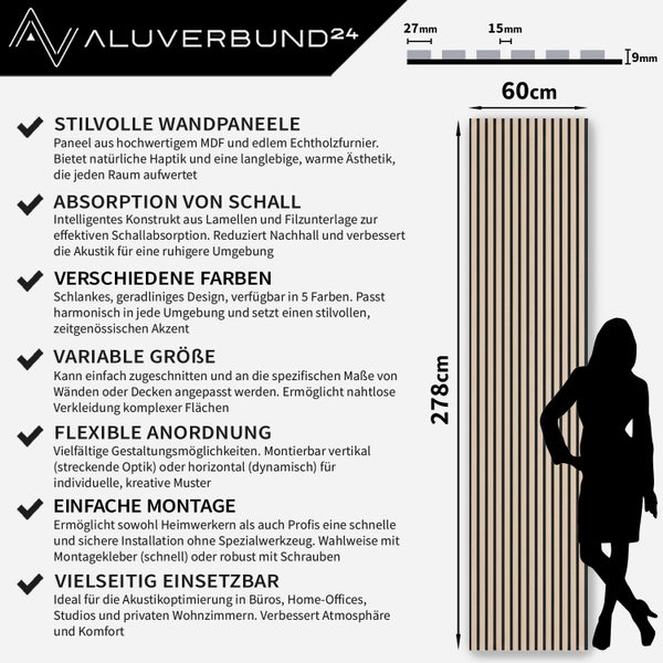 Technische Produktgrafik von Aluverbund24 Wandpaneelen aus Holz mit Maßen, akustischen Eigenschaften und Montagehinweisen.