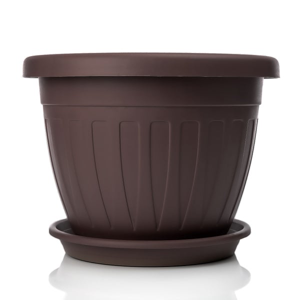 BigDean 3x Blumentopf mit Untersetzer rund ø50xH38 cm braun - wetterfester Pflanzkübel - Wasserablauf UV-beständig aus bruchsicherem Kunststoff - Innen + Außen geeignet - Made in Europe