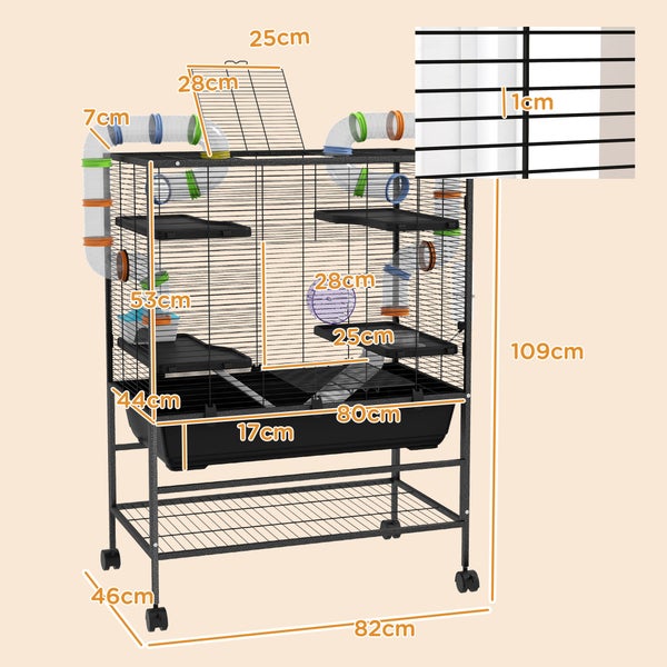PawHut Hamsterkäfig Nagerkäfig mit Rädern, Röhren, Ablagefläche, Rampen, Laufrad, Futternapf, Wasserflasche, Kleintierkäfig Meerschweinchen Käfig Mäusekäfig für Rennmäuse, syrische Hamster, Schwarz