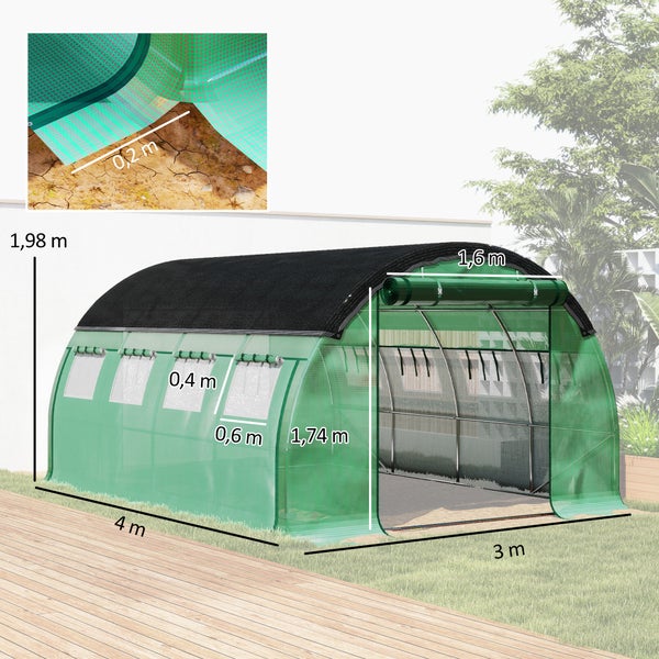 Outsunny Gewächshaus 4 x 3 x 2 m Foliengewächshaus mit 8 Fenster, Rolltüren, Aufrollbar Seitenwänden, UV-beständiger Folientunnel, Winterfest Tomatenhaus mit Erdanker, Grün