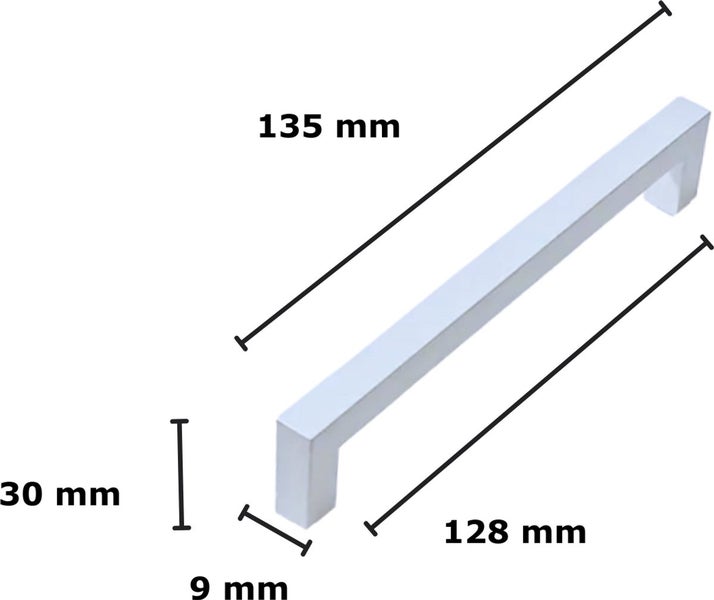 Abbildung eines Möbelgriffs mit den Maßen 135 mm Länge, 128 mm Lochabstand, 30 mm Höhe und 9 mm Breite.