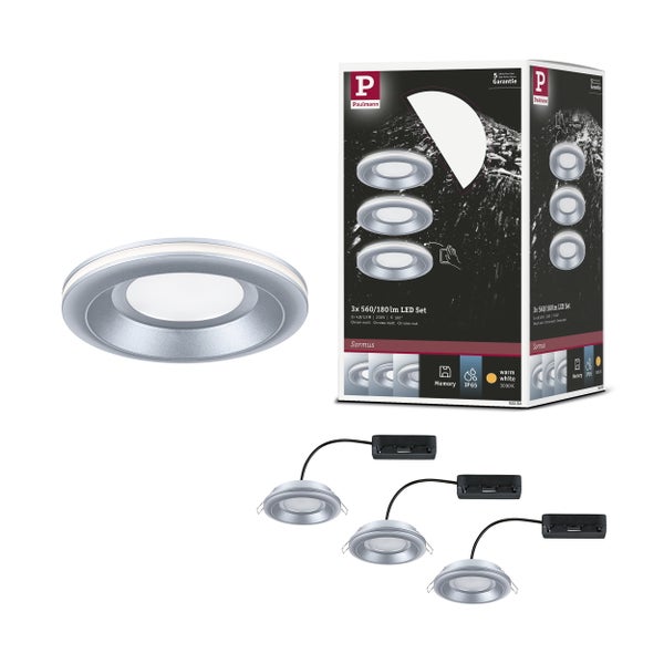 Produktinformationsblatt für Paulmann LED Einbauleuchten Set mit IP65 Strahlwasserschutz, Memory Funktion und separat schaltbarem Lichtring.